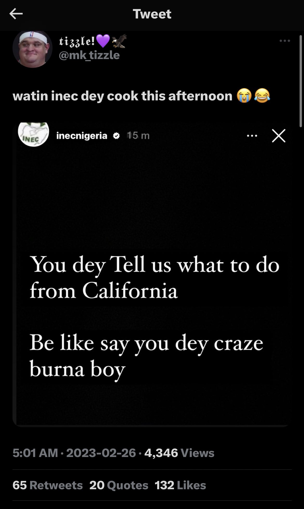 Nigerians think poorly of Burna Boy when he challenges INEC from California with the phrase